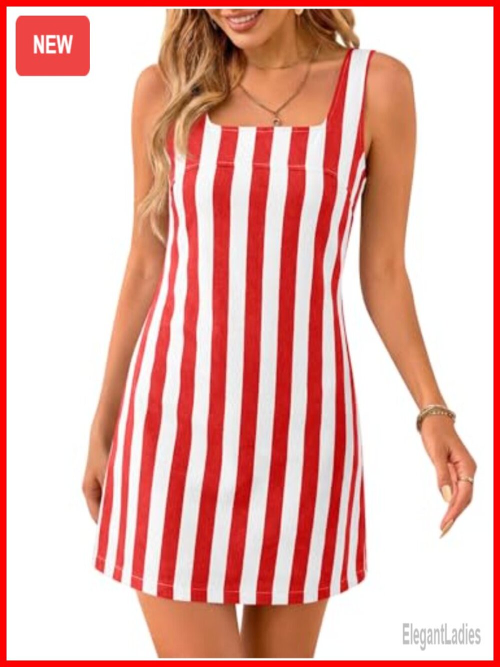 Striped Denim Mini Dress Sleeveless U-Neck Side Pockets Summer Casual
